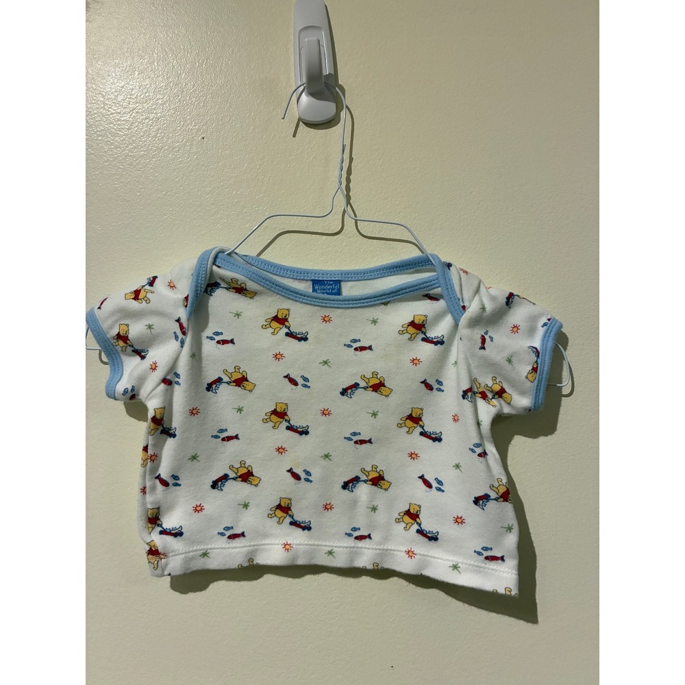 Disney Winnie the Pooh Wagon Print Baby Shirt 0-6 Months White Blue Trim
